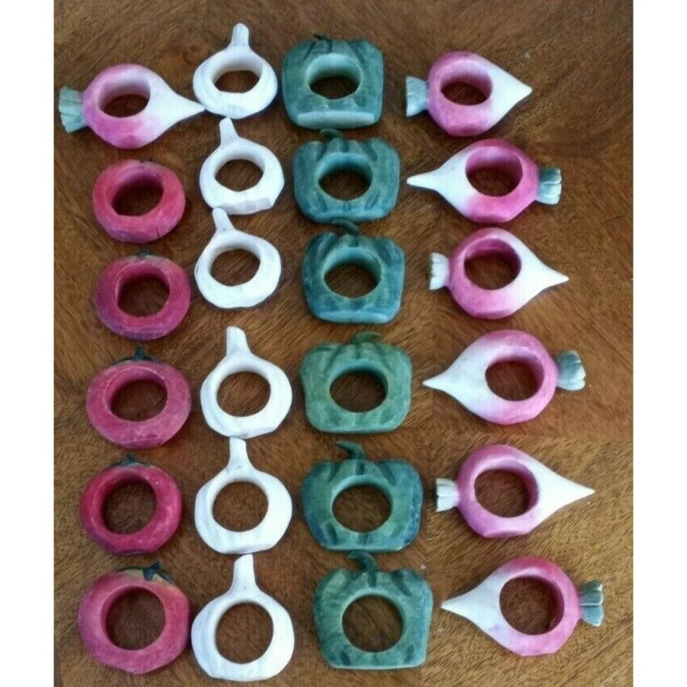 Vintage Set of 24 Vegetable Napkin Rings Carved Wood Tomato Garlic Pepper Radish